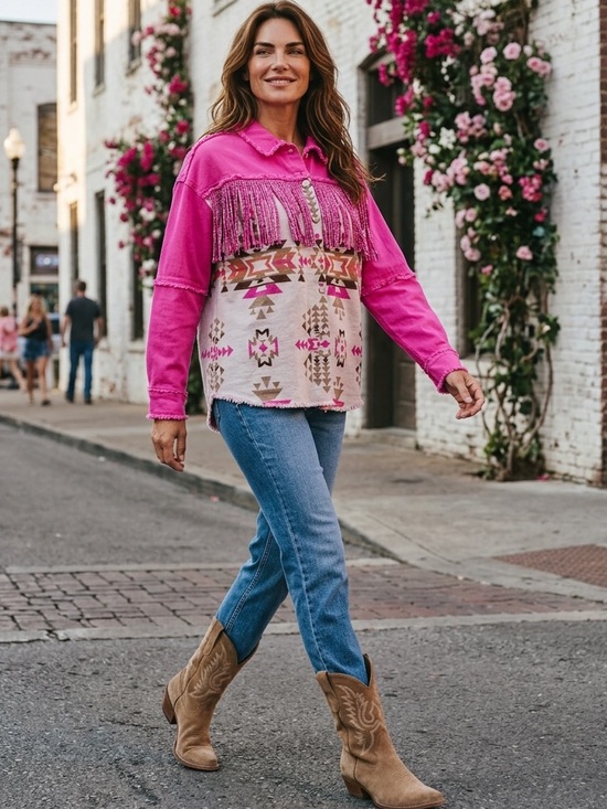 blue b Jackets & Blazers - New blue b Hot Pink Taupe Silver Stud Fringe Aztec Flannel Twill Jacket Shacket